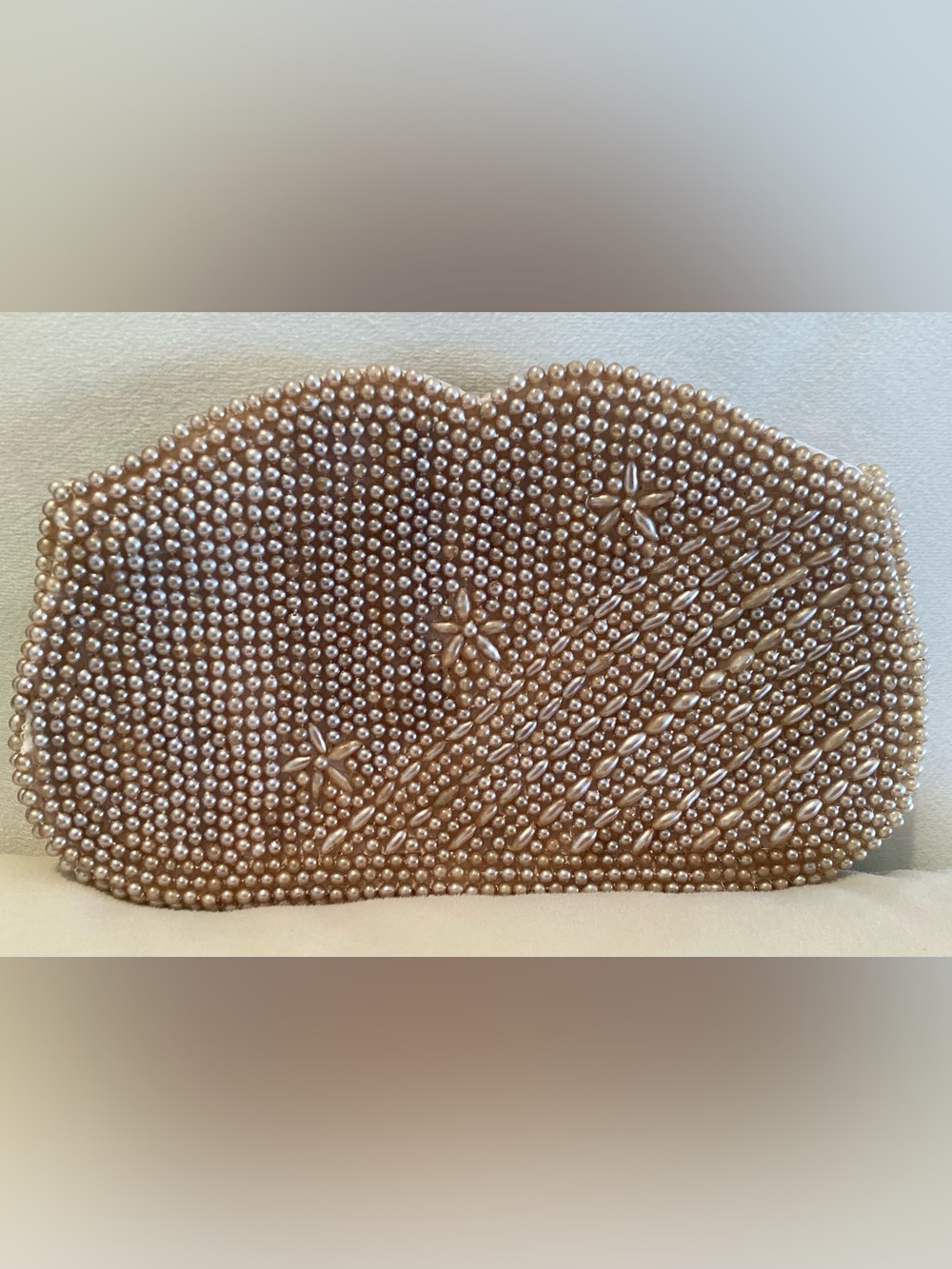Vintage Champagne Pearl Beaded Evening Clutch w/Back Handle